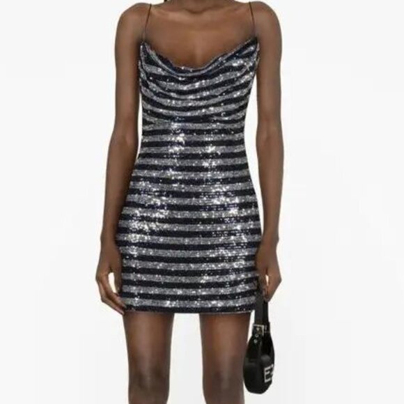 Balmain Sequined Striped Mini Dress | Navy /Silver | NWT | Size EU 42 (US 10-12) - Picture 1 of 7